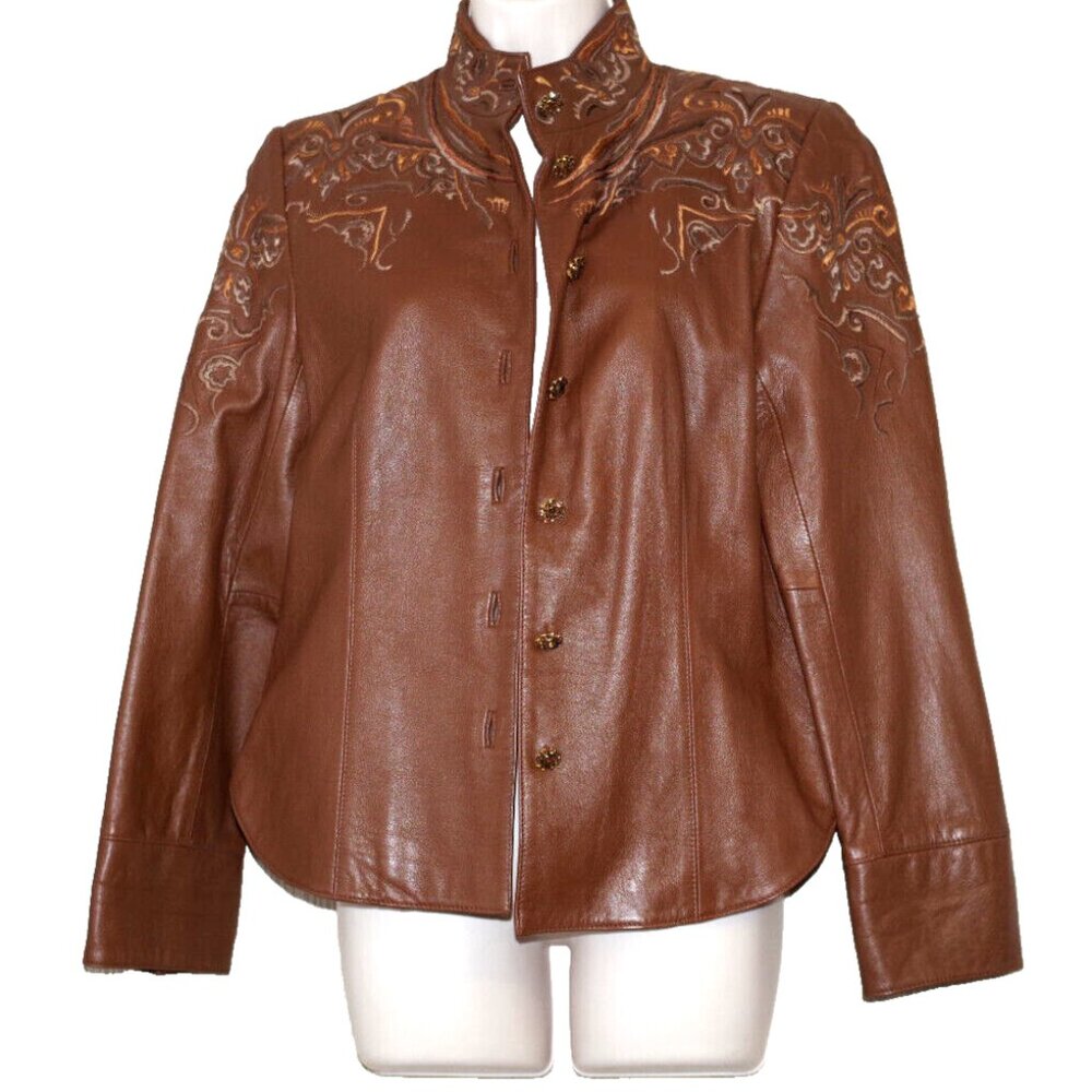 By Zelda Leather Brown Embroiled Women Jacket Size:8